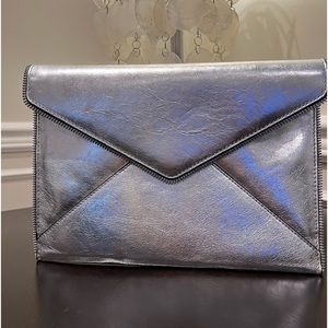 REBECCA MINKOFF silver metallic leather zipper edge envelope clutch